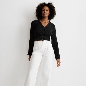 Madewell V-Neck Button-Front Crop Shirt in Lusterweave large black